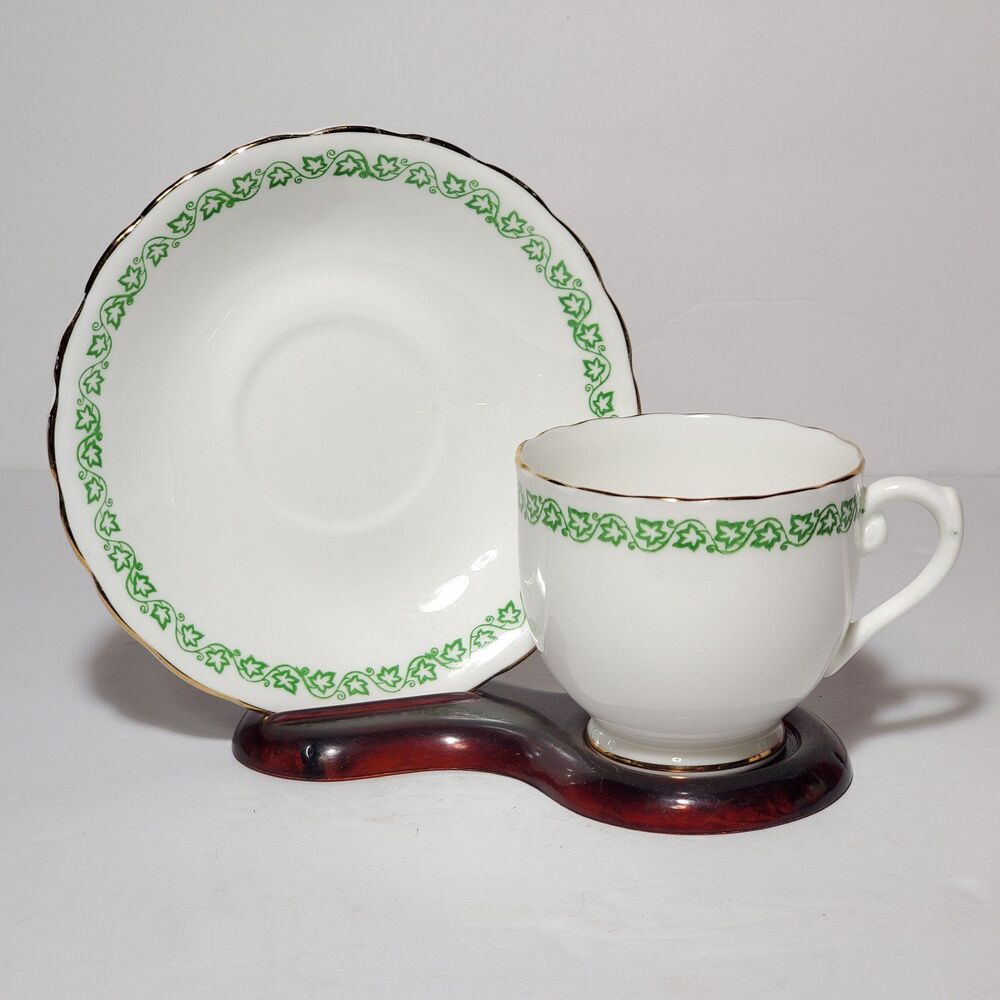 English Castle Teacup and Saucer Green Leaves Vintage